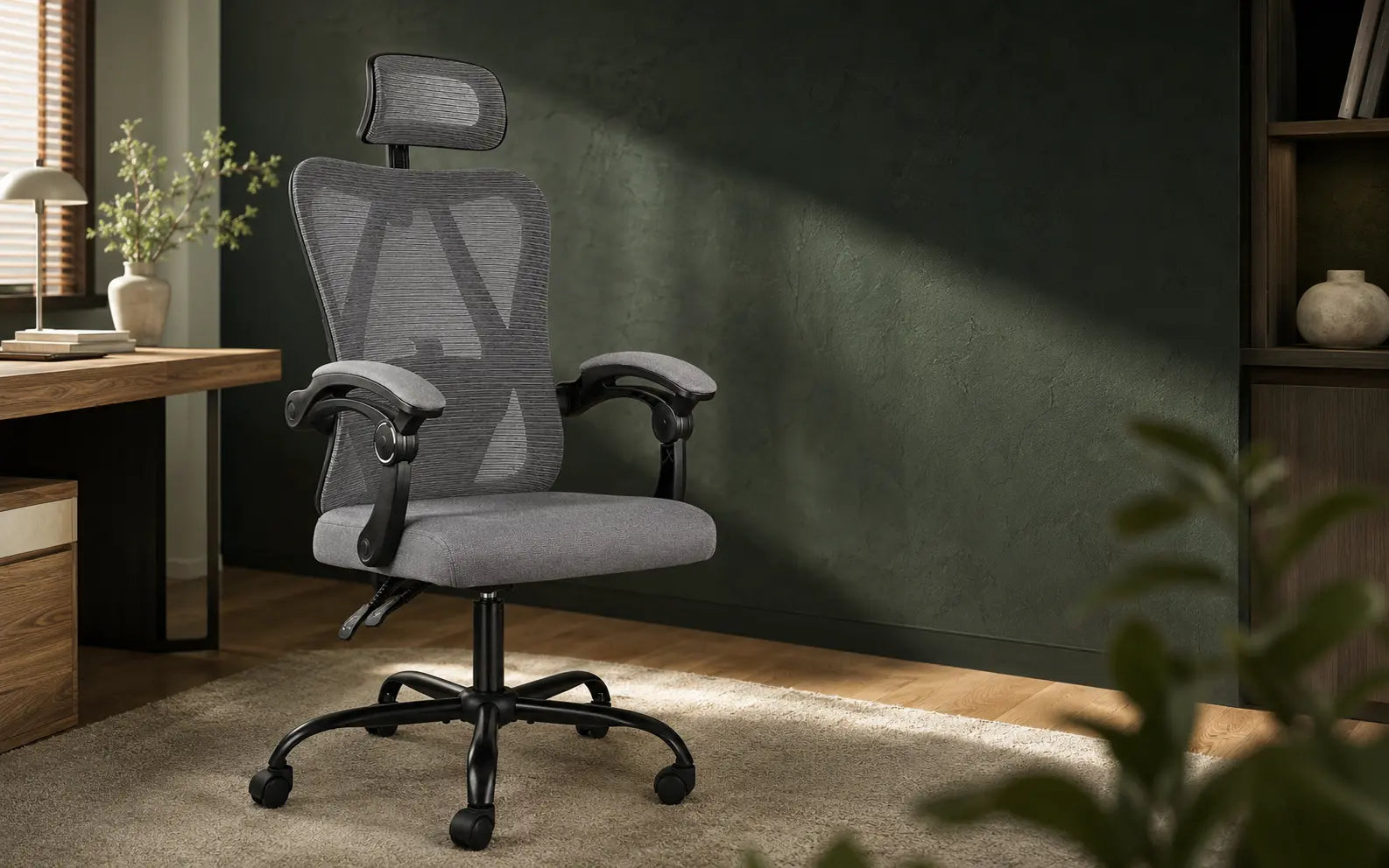 Best-selling ergonomic mesh chair in a forest-green home office